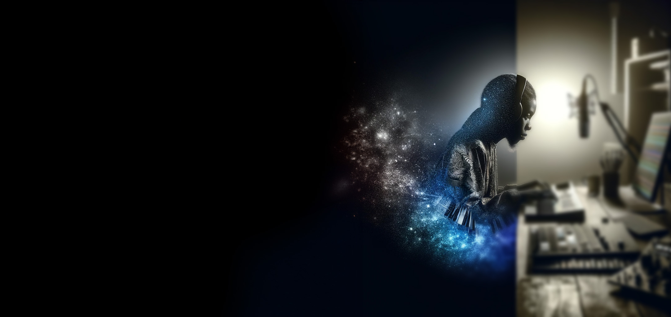 Header background image showing a person producing music.